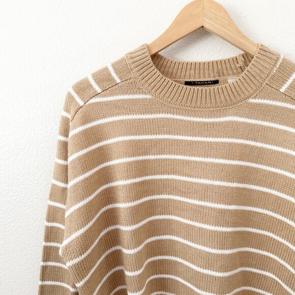 T BY TAHARI | Tan White Saddle Stripe Sweater Long Sleeve Oversized | Size Large - Picture 3 of 8